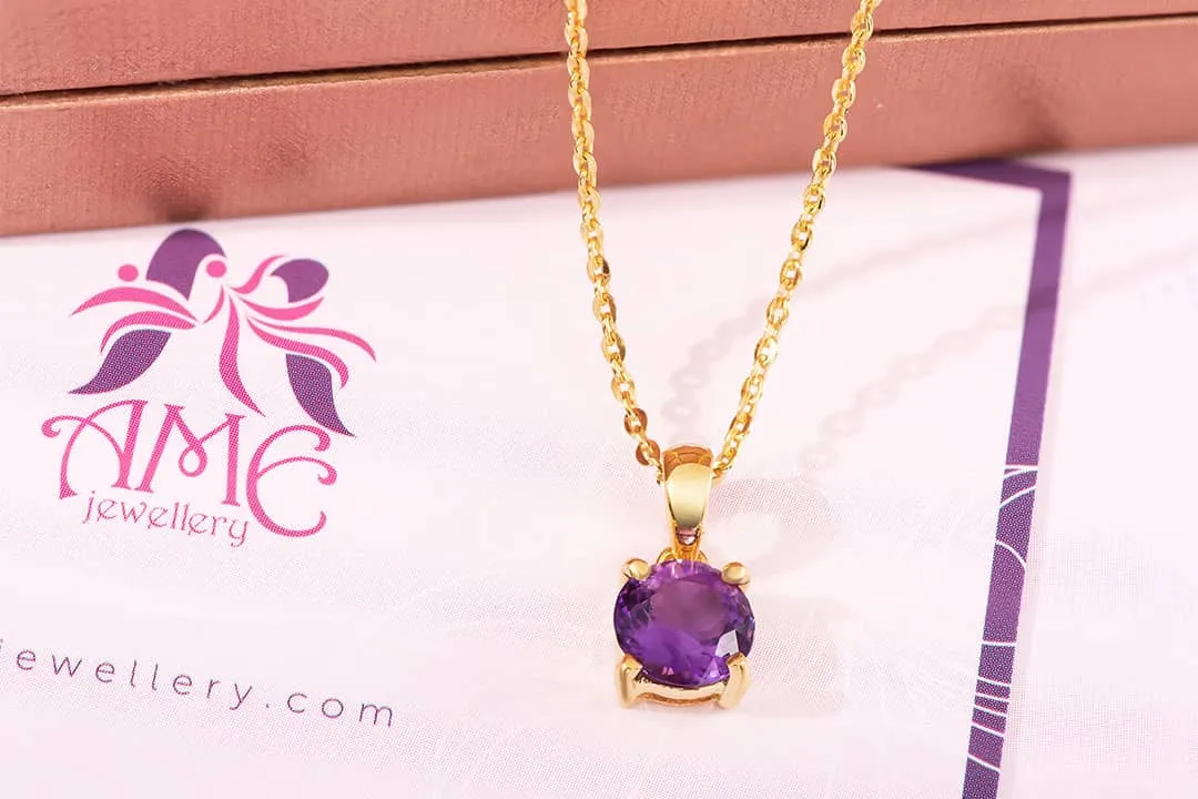 7mm Amethyst Solitaire Pendant Necklace in 14K Yellow Gold
