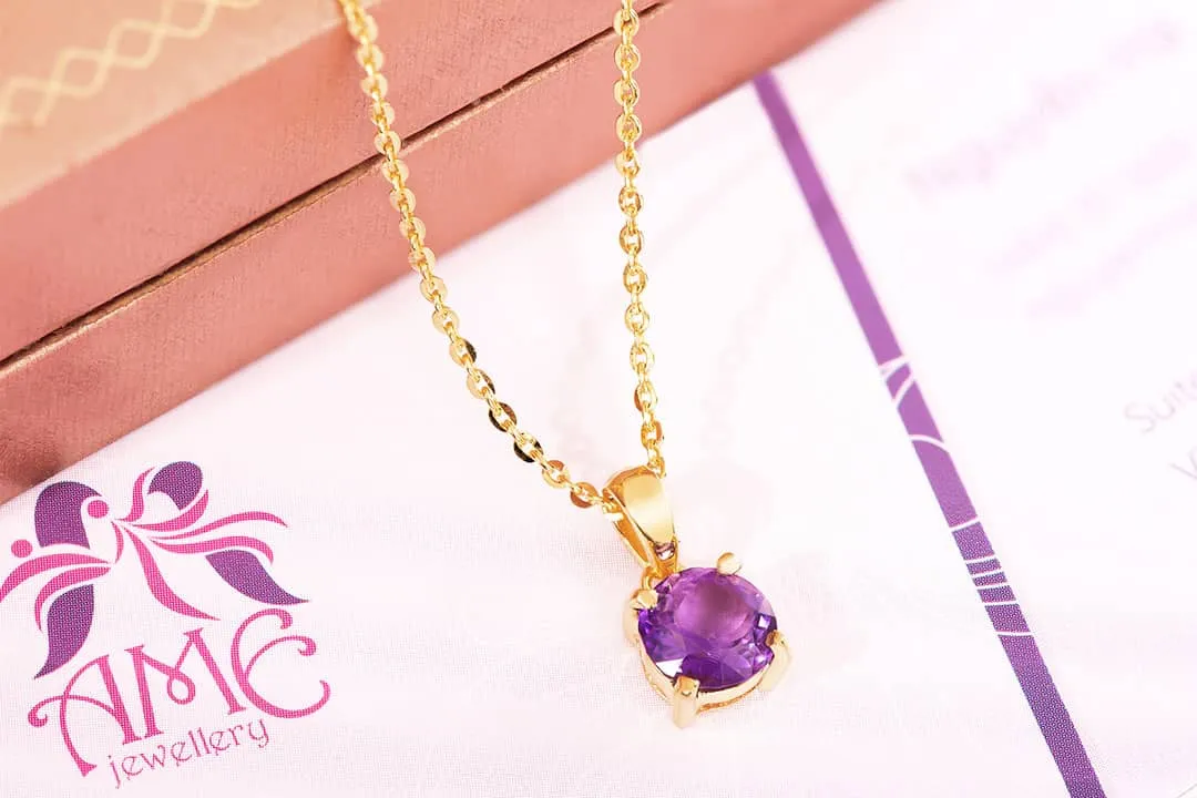 7mm Amethyst Solitaire Pendant Necklace in 14K Yellow Gold