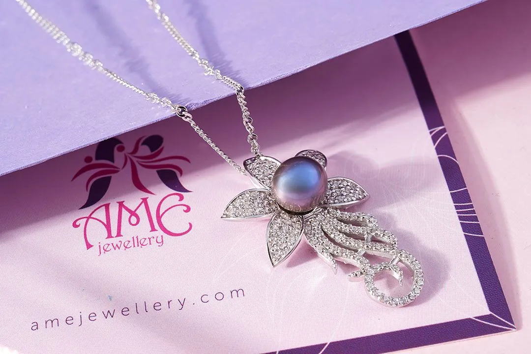 7mm Aubergine Freshwater Pearl Flower Pendant in Sterling Silver