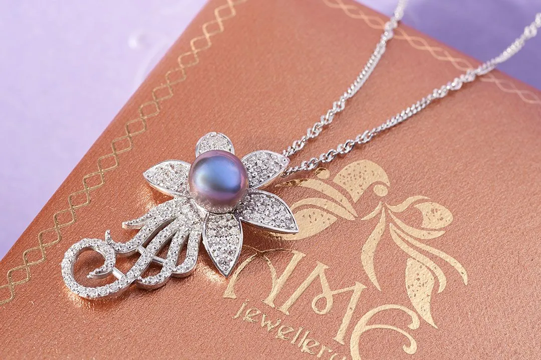 7mm Aubergine Freshwater Pearl Flower Pendant in Sterling Silver