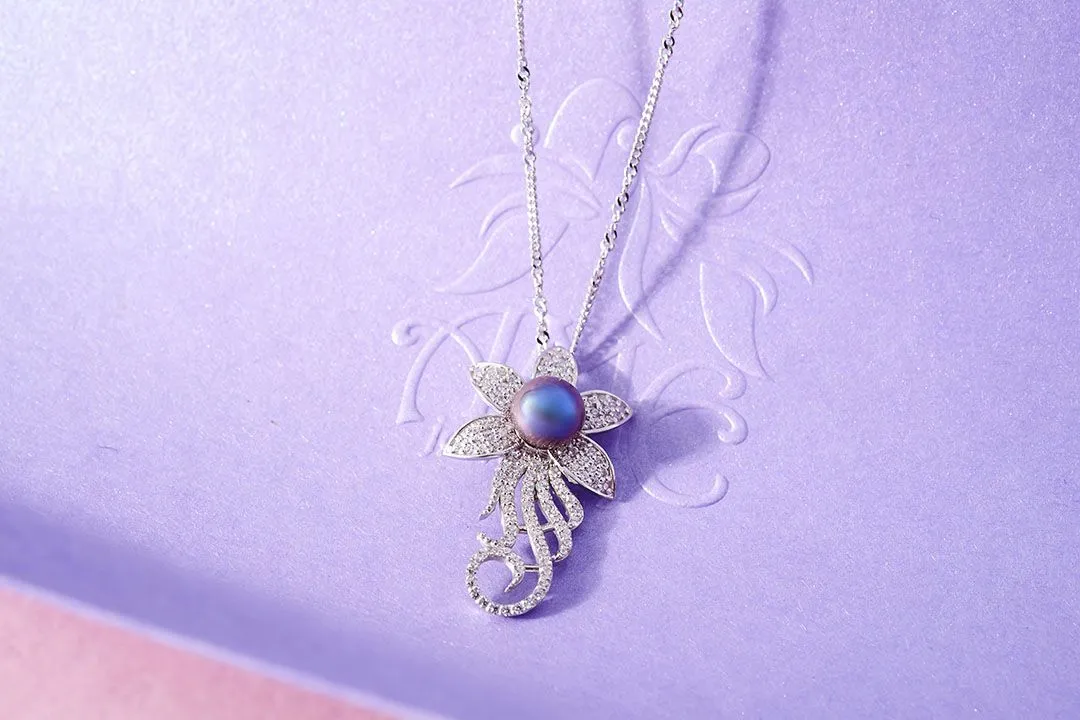 7mm Aubergine Freshwater Pearl Flower Pendant in Sterling Silver