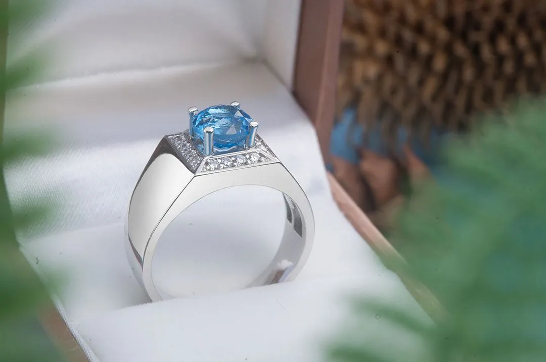7mm Blue Topaz Men's Ring in Sterling Silver
