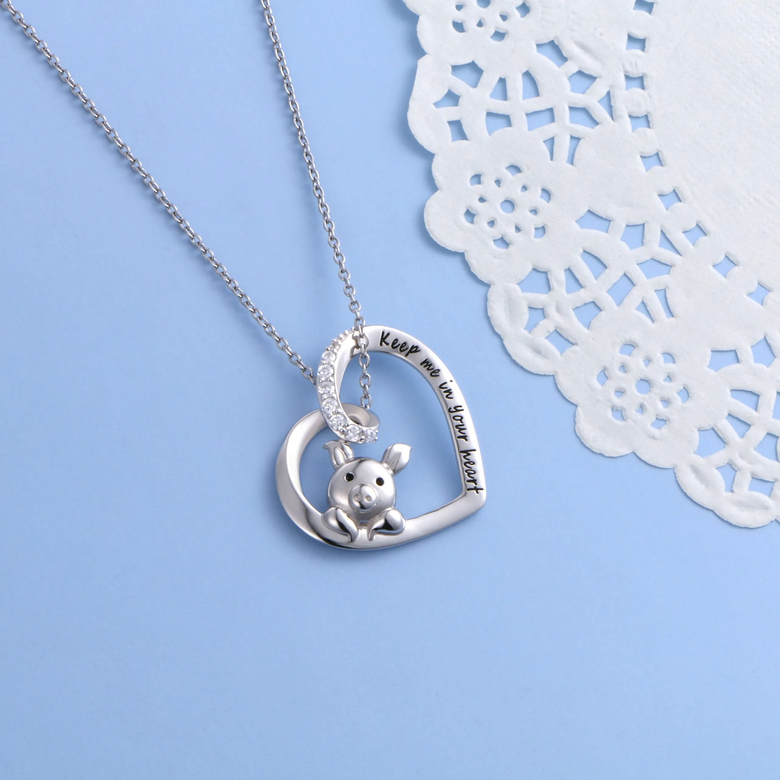 925 Sterling Silver Cute Pig Pendant Necklace Earrings Ring Bracelet for Women Girls Jewelry Birthday Christmas Gift 1_Keep me in your heart Pig Necklace