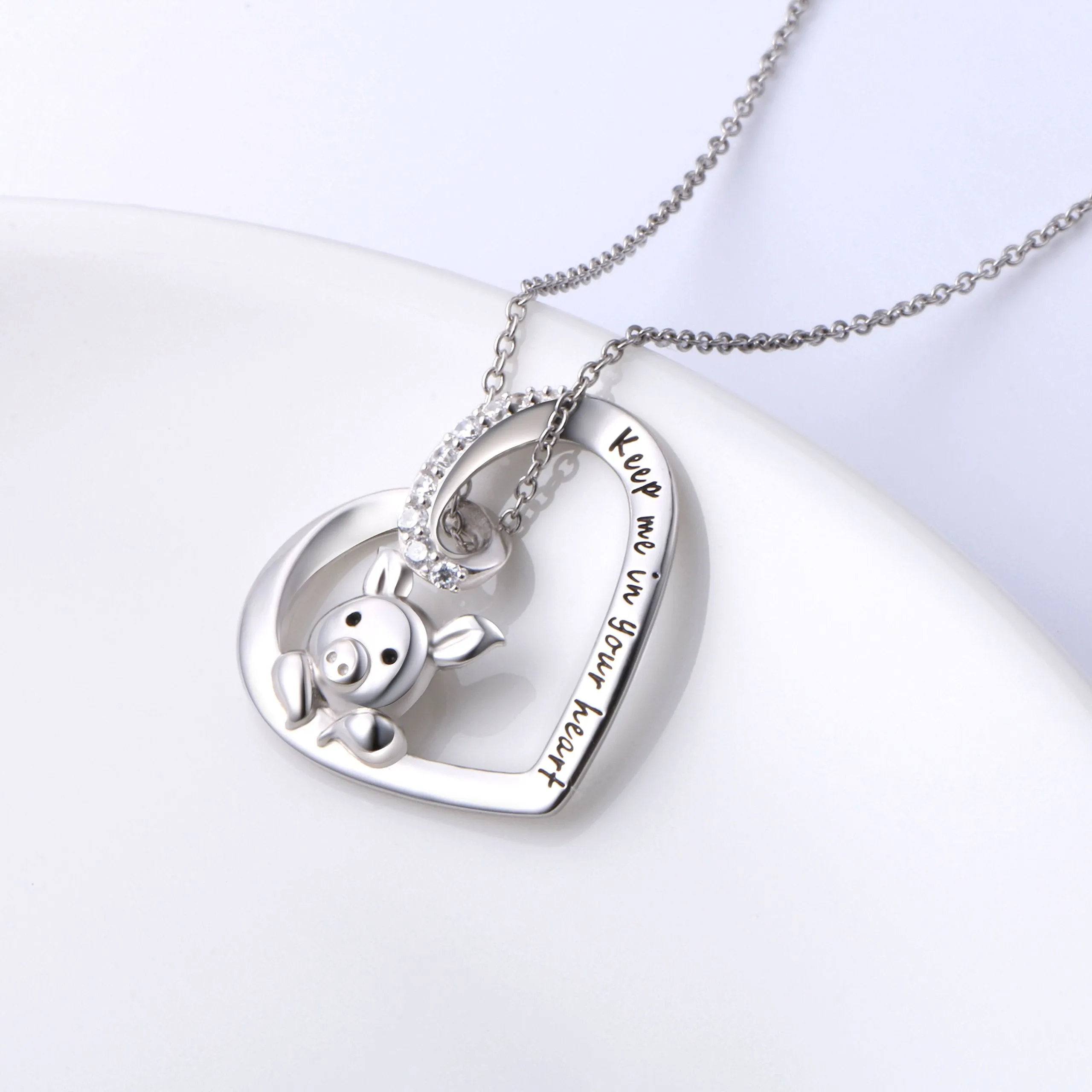 925 Sterling Silver Cute Pig Pendant Necklace Earrings Ring Bracelet for Women Girls Jewelry Birthday Christmas Gift 1_Keep me in your heart Pig Necklace