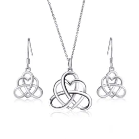 925 Sterling Silver Good Luck Vintage Irish Celtic Triquetra Knot Heart Pendant Necklace and Earrings Jewelry Set Jewelry-set