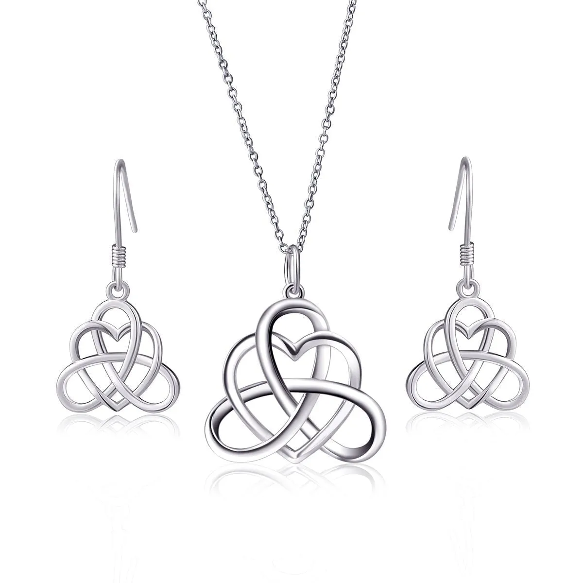 925 Sterling Silver Good Luck Vintage Irish Celtic Triquetra Knot Heart Pendant Necklace and Earrings Jewelry Set Jewelry-set