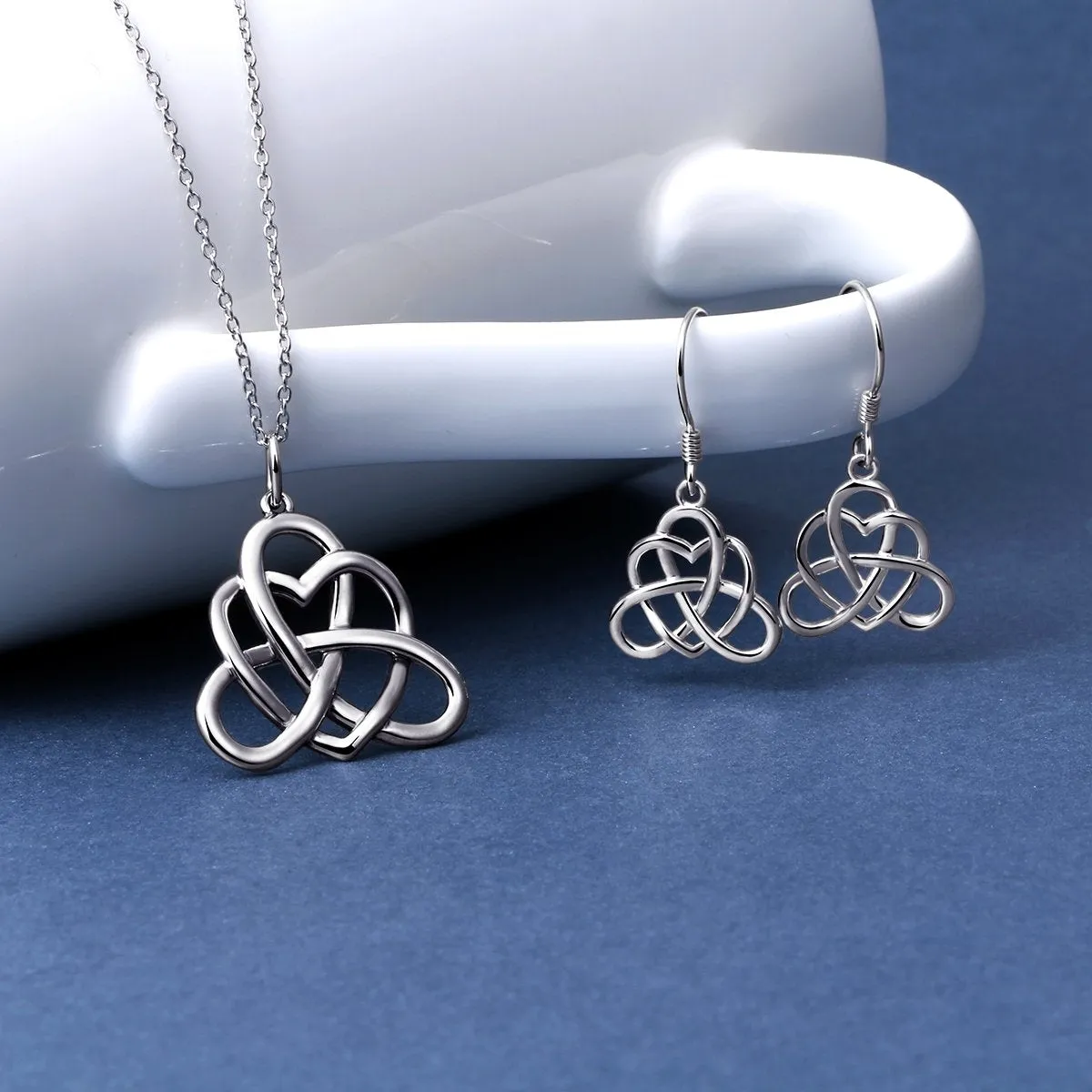 925 Sterling Silver Good Luck Vintage Irish Celtic Triquetra Knot Heart Pendant Necklace and Earrings Jewelry Set Jewelry-set