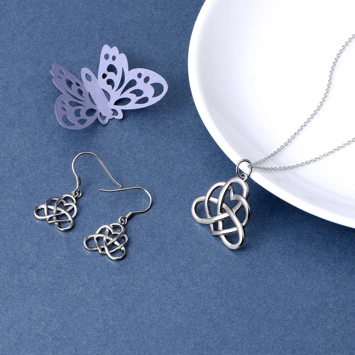 925 Sterling Silver Good Luck Vintage Irish Celtic Triquetra Knot Heart Pendant Necklace and Earrings Jewelry Set Jewelry-set