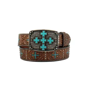 Angel Ranch Women's Turquoise Cross Buckle Brown Tooled Leather Belt