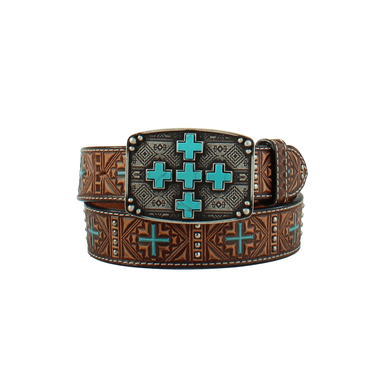 Angel Ranch Women's Turquoise Cross Buckle Brown Tooled Leather Belt