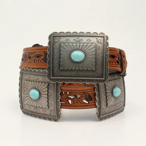 ARIAT LADIES PIERCED RECTANGLE CONCHO BELT TAN