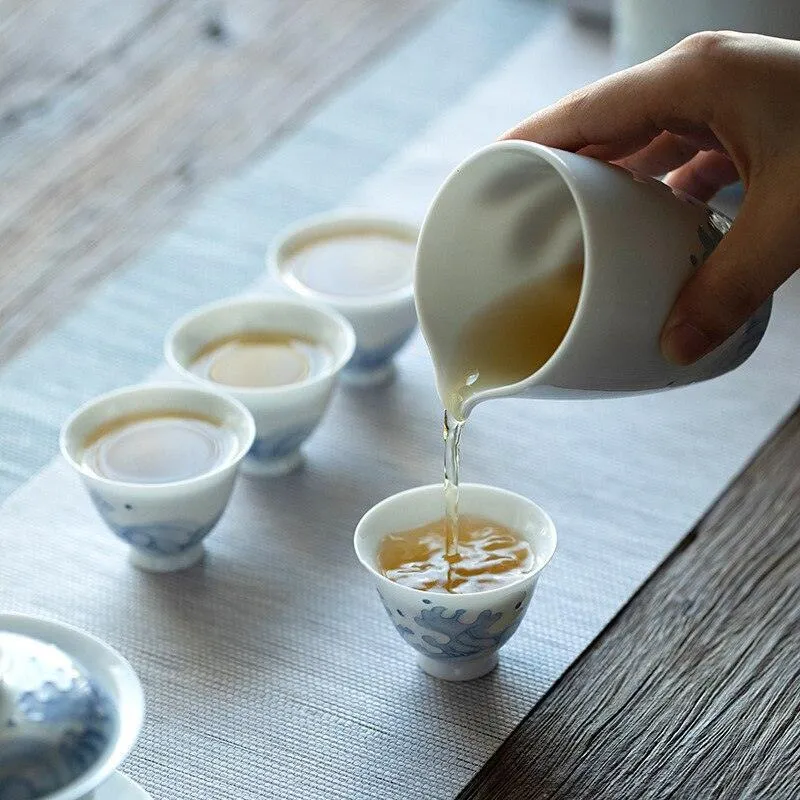 Artisanal Jade Porcelain Tea Cup Set with Ocean Wave Design - 50ml Each