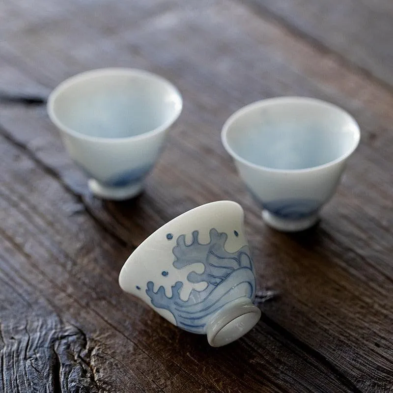 Artisanal Jade Porcelain Tea Cup Set with Ocean Wave Design - 50ml Each