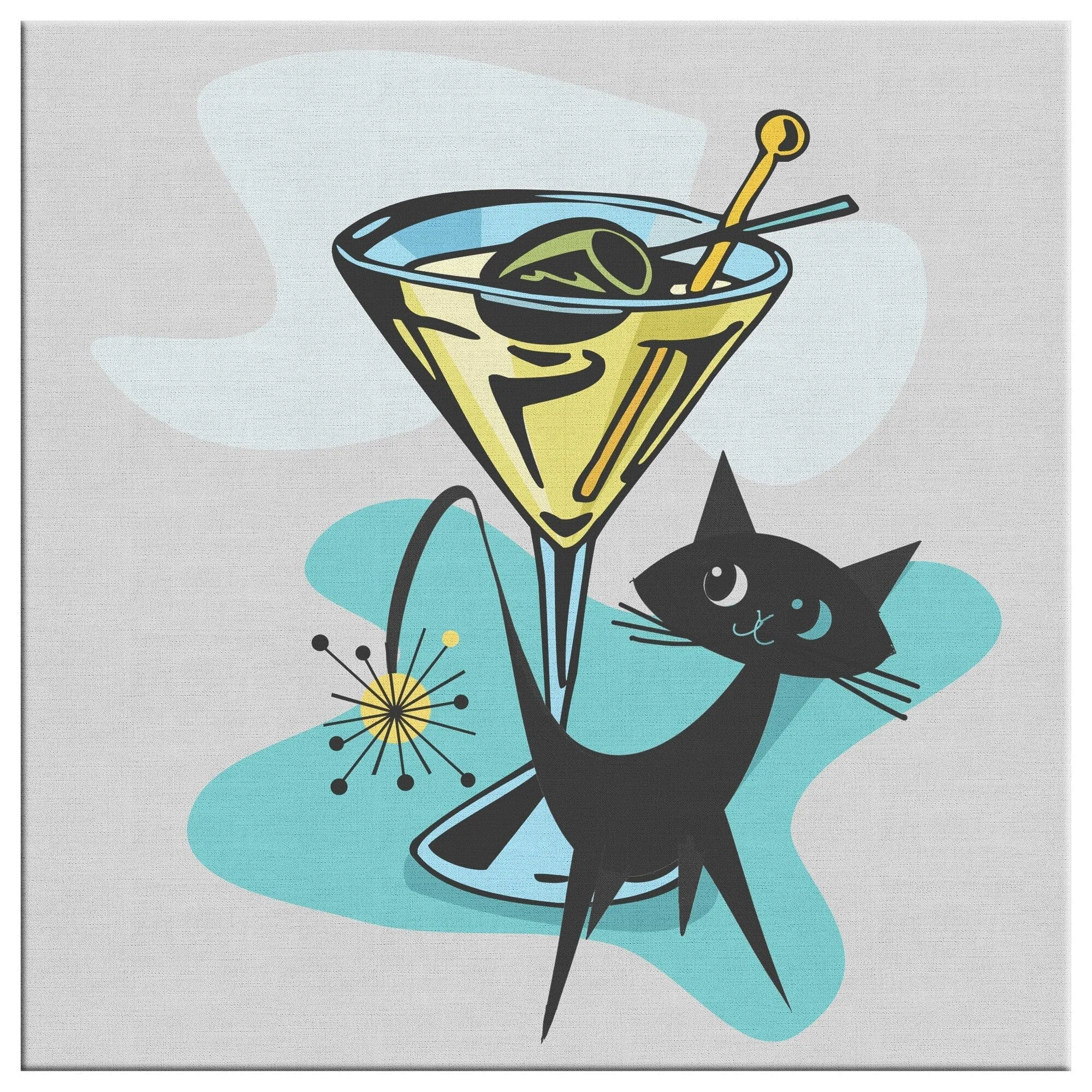 Atomic Cat, Martini Time, Cocktail, Retro Mid Mod Retro Wall Art