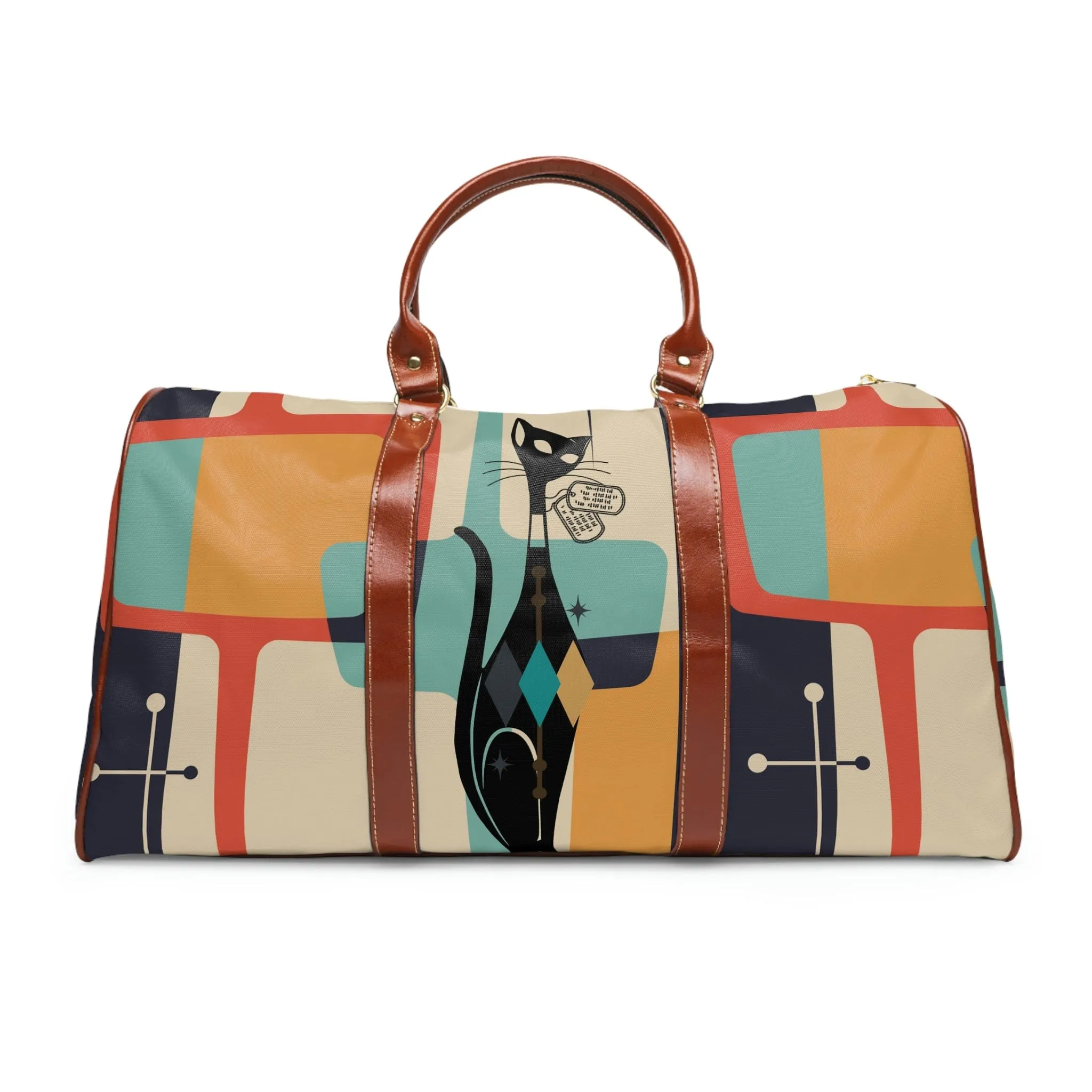 Atomic Cat, Mid Century Modern, Luggage, Travel Bag, Weekender, Retro Geometric, Beige, Gray, Orange, Mustard, Waterproof Travel Bag