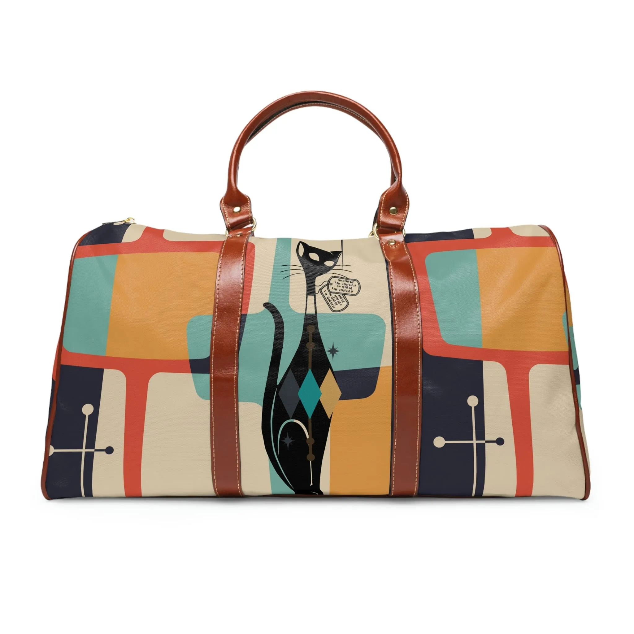 Atomic Cat, Mid Century Modern, Luggage, Travel Bag, Weekender, Retro Geometric, Beige, Gray, Orange, Mustard, Waterproof Travel Bag
