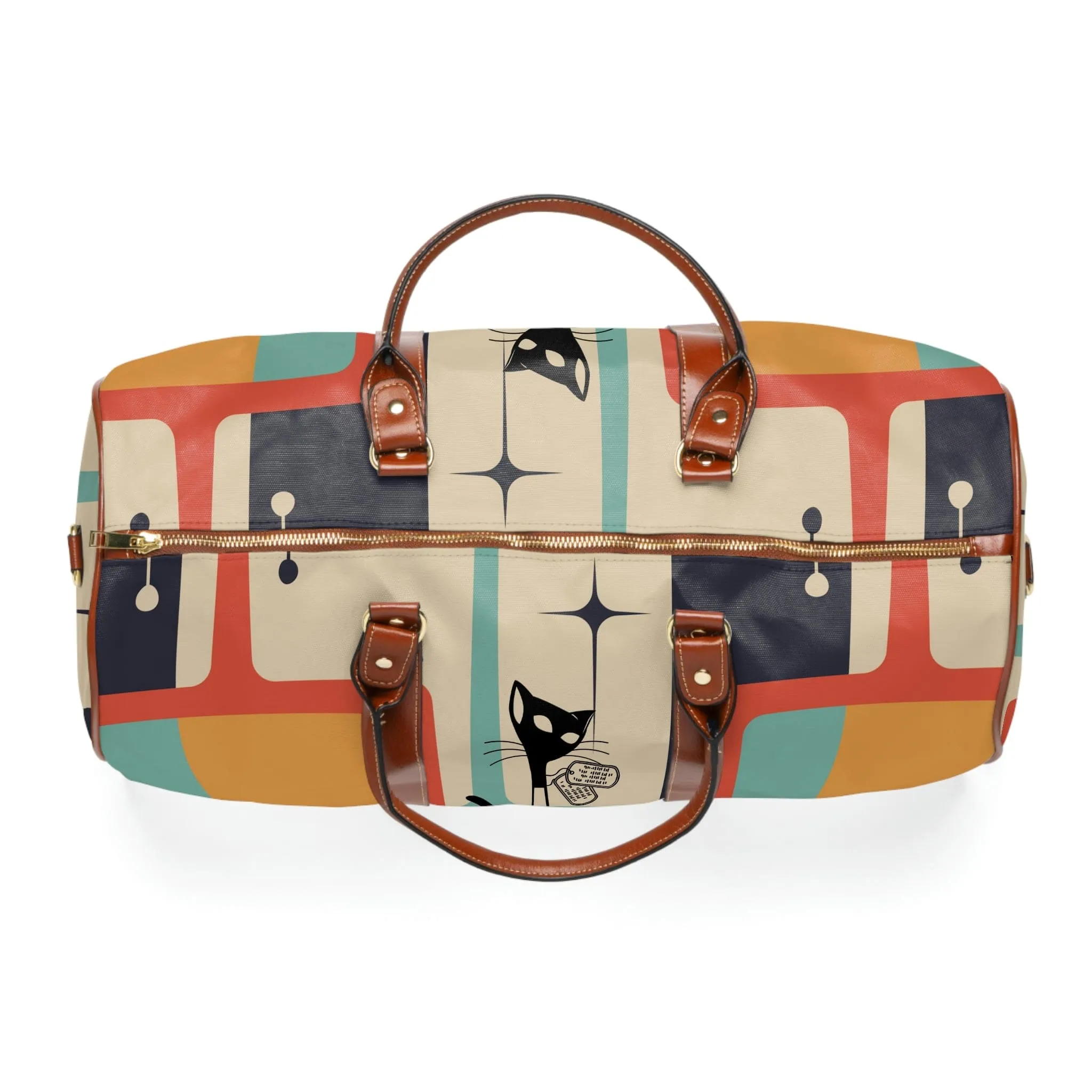 Atomic Cat, Mid Century Modern, Luggage, Travel Bag, Weekender, Retro Geometric, Beige, Gray, Orange, Mustard, Waterproof Travel Bag