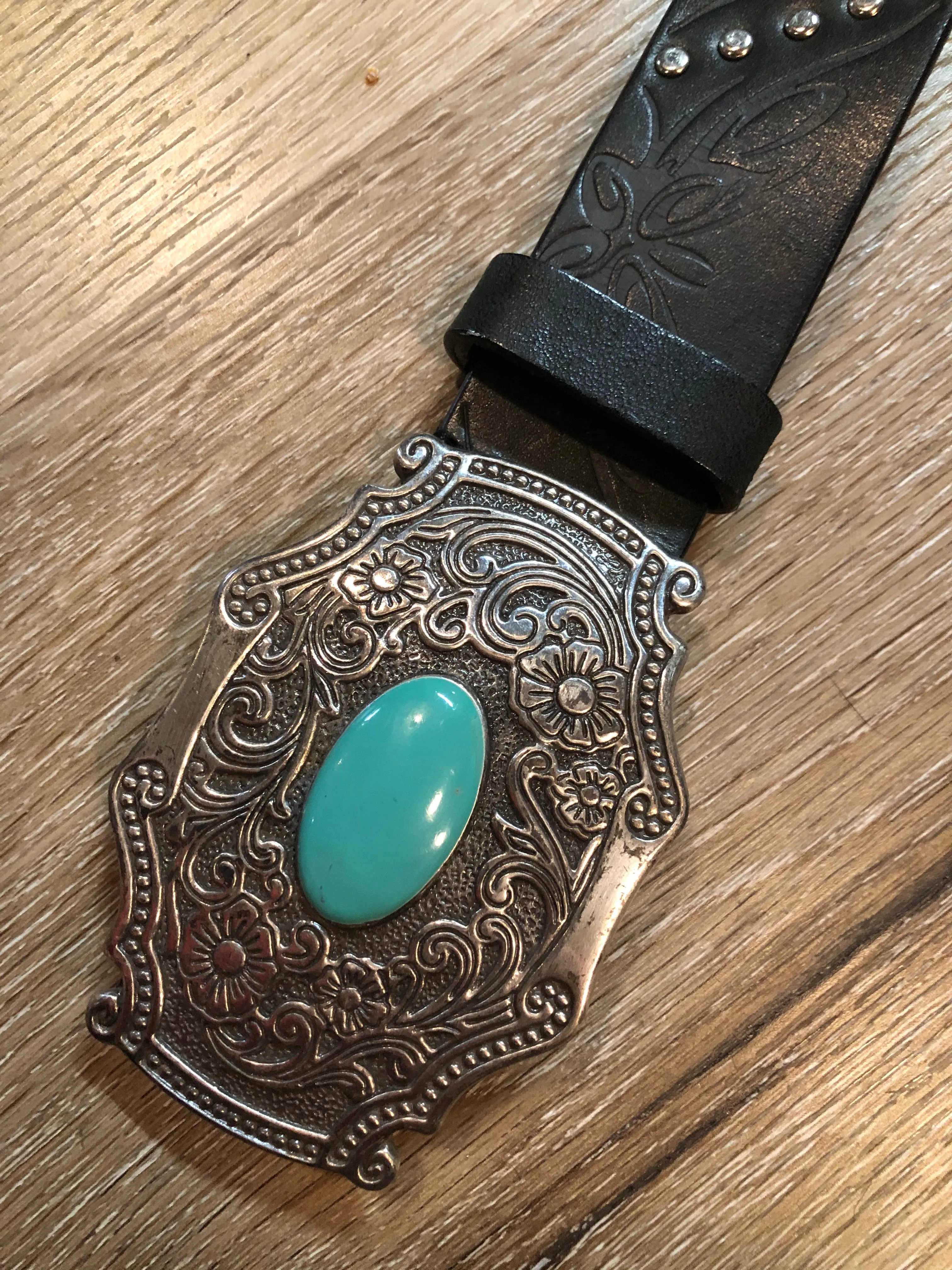 Black Leather Butterfly Belt with Turquoise Stone, SOLD