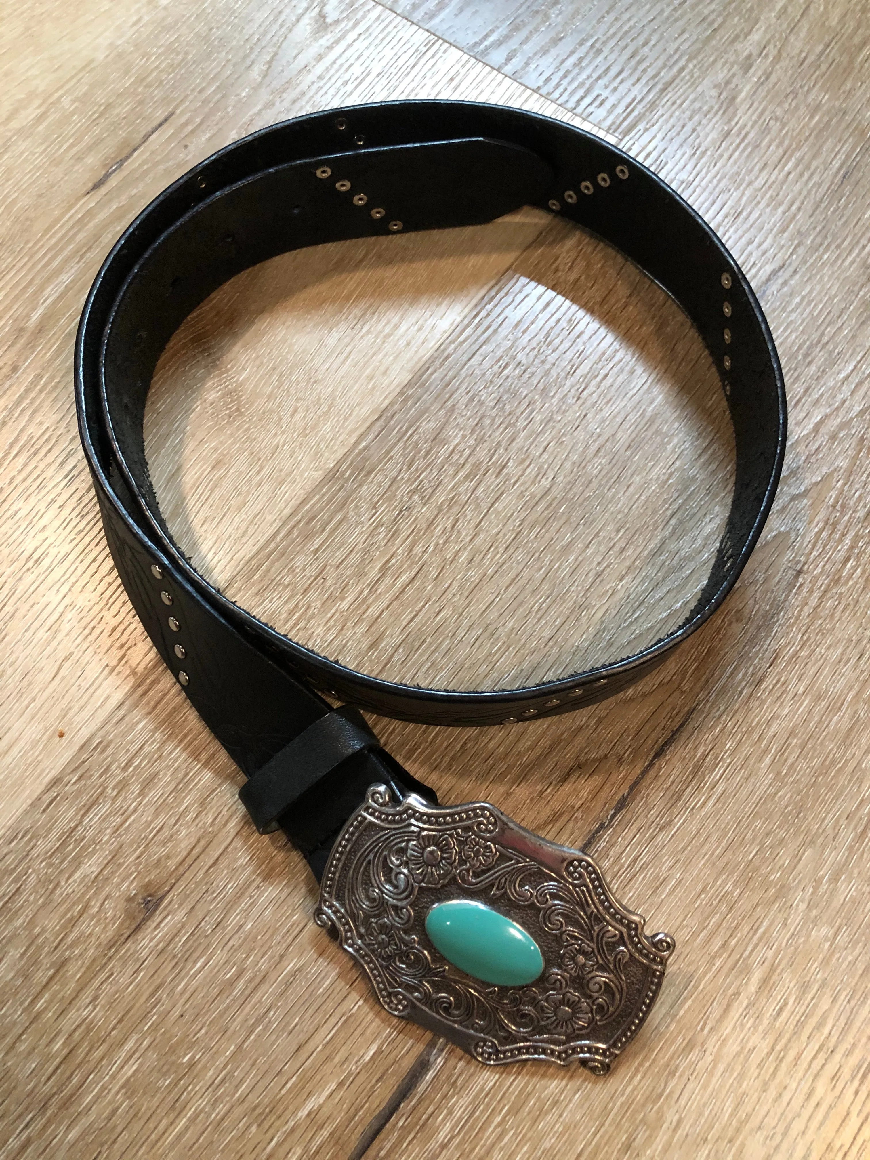 Black Leather Butterfly Belt with Turquoise Stone, SOLD
