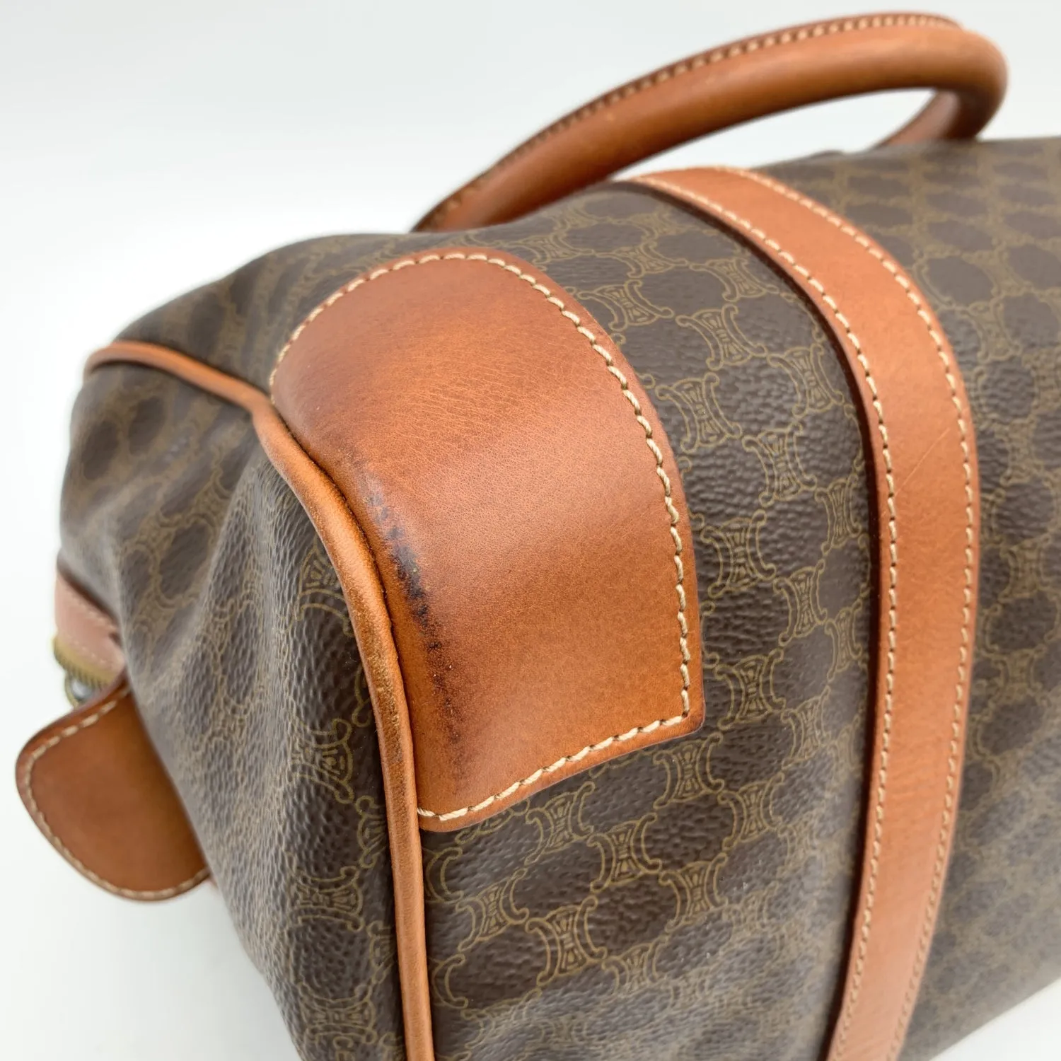 CELINE Vintage Brown Macadam Canvas Boston Bag Duffel Duffle