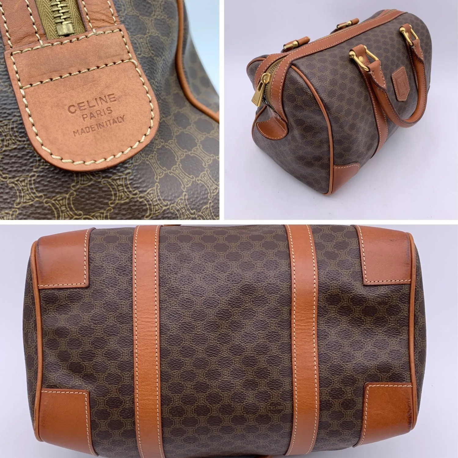 CELINE Vintage Brown Macadam Canvas Boston Bag Duffel Duffle