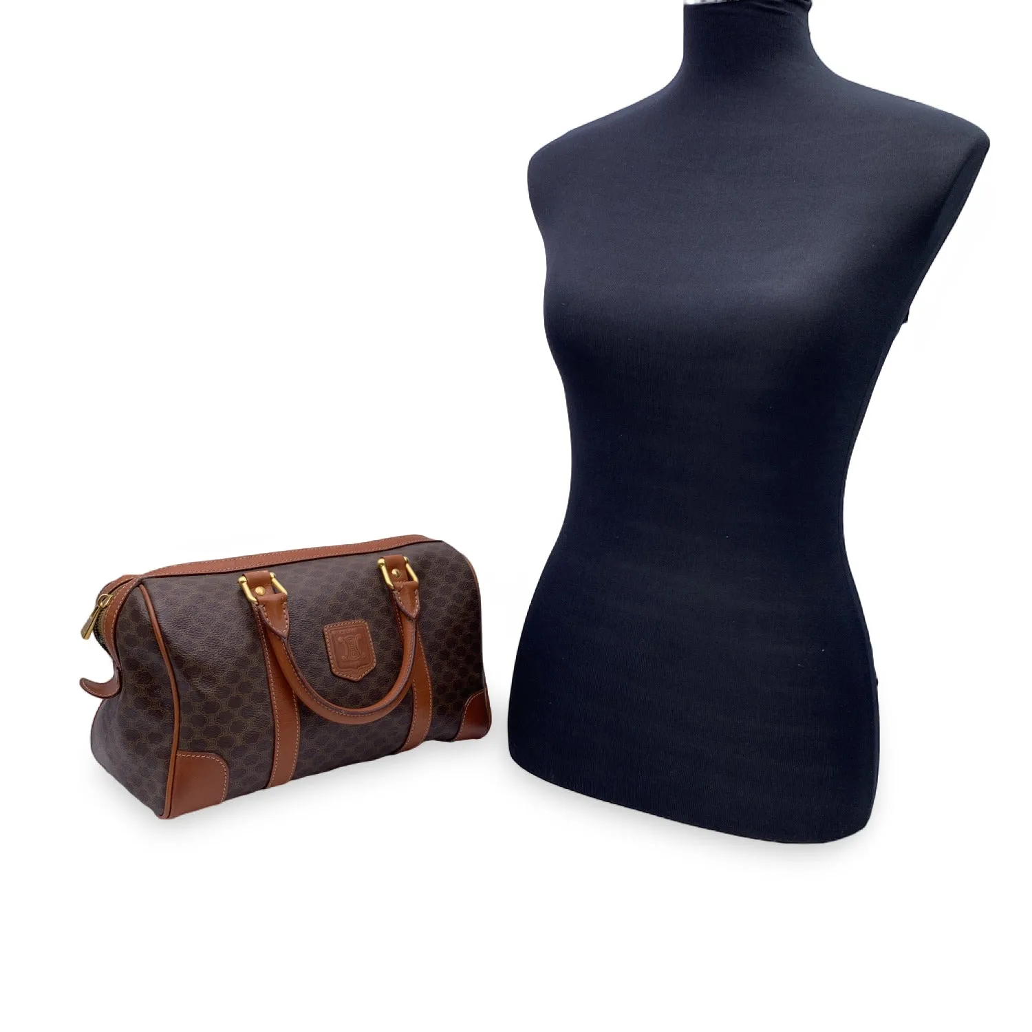 CELINE Vintage Brown Macadam Canvas Boston Bag Duffel Duffle