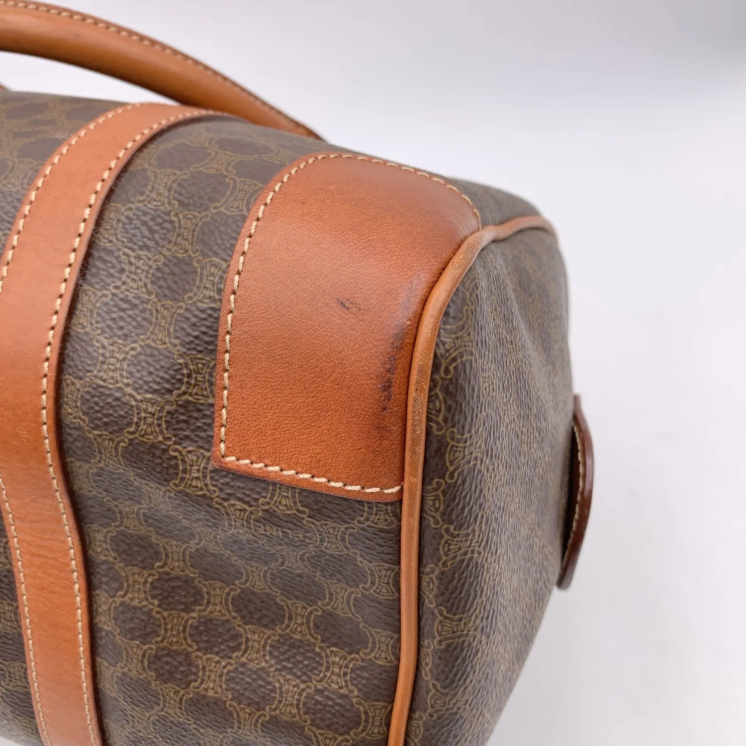 CELINE Vintage Brown Macadam Canvas Boston Bag Duffel Duffle