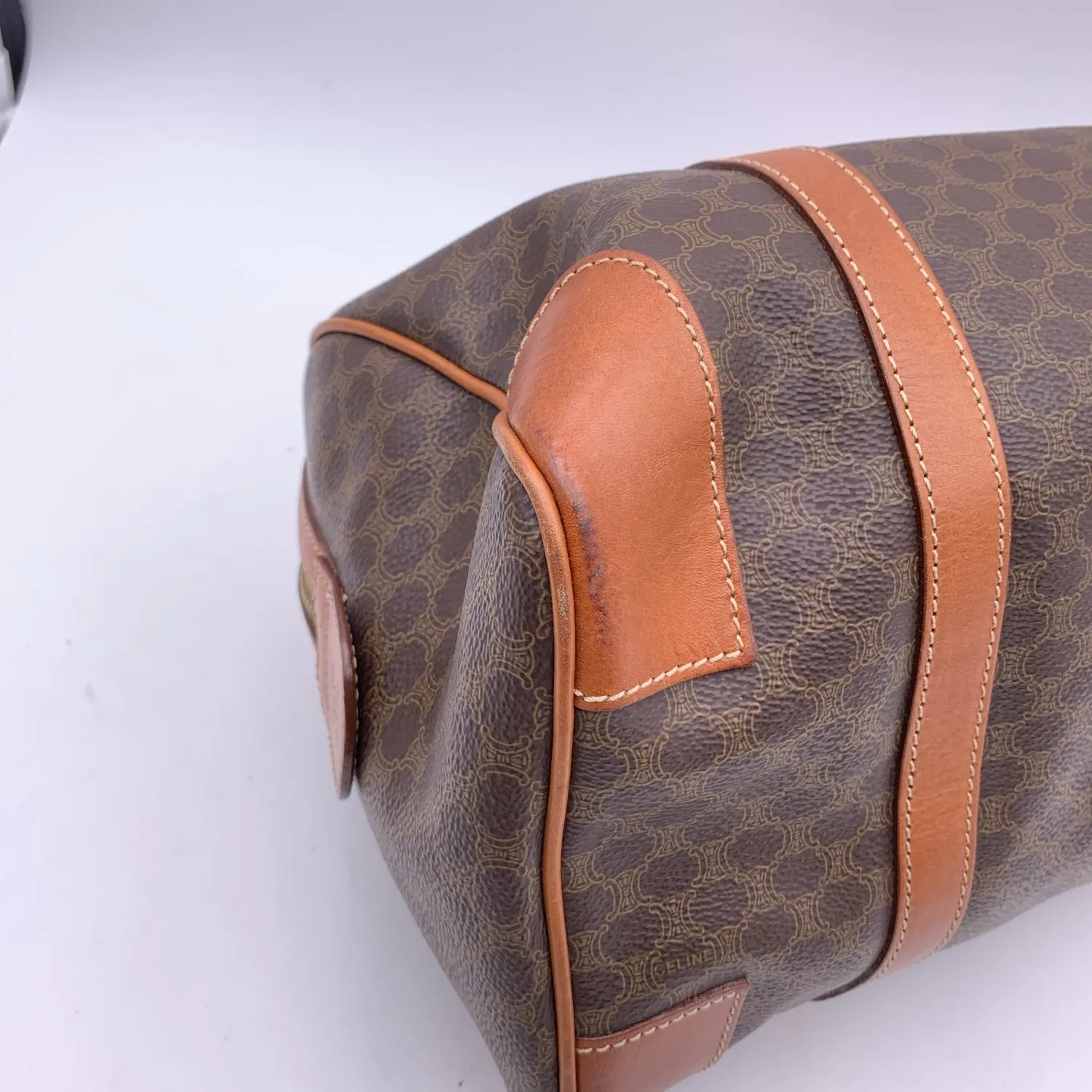 CELINE Vintage Brown Macadam Canvas Boston Bag Duffel Duffle