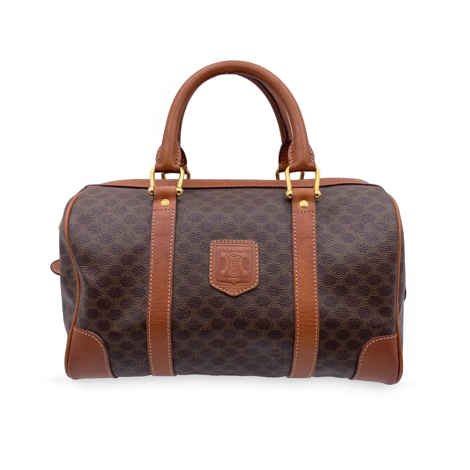 CELINE Vintage Brown Macadam Canvas Boston Bag Duffel Duffle
