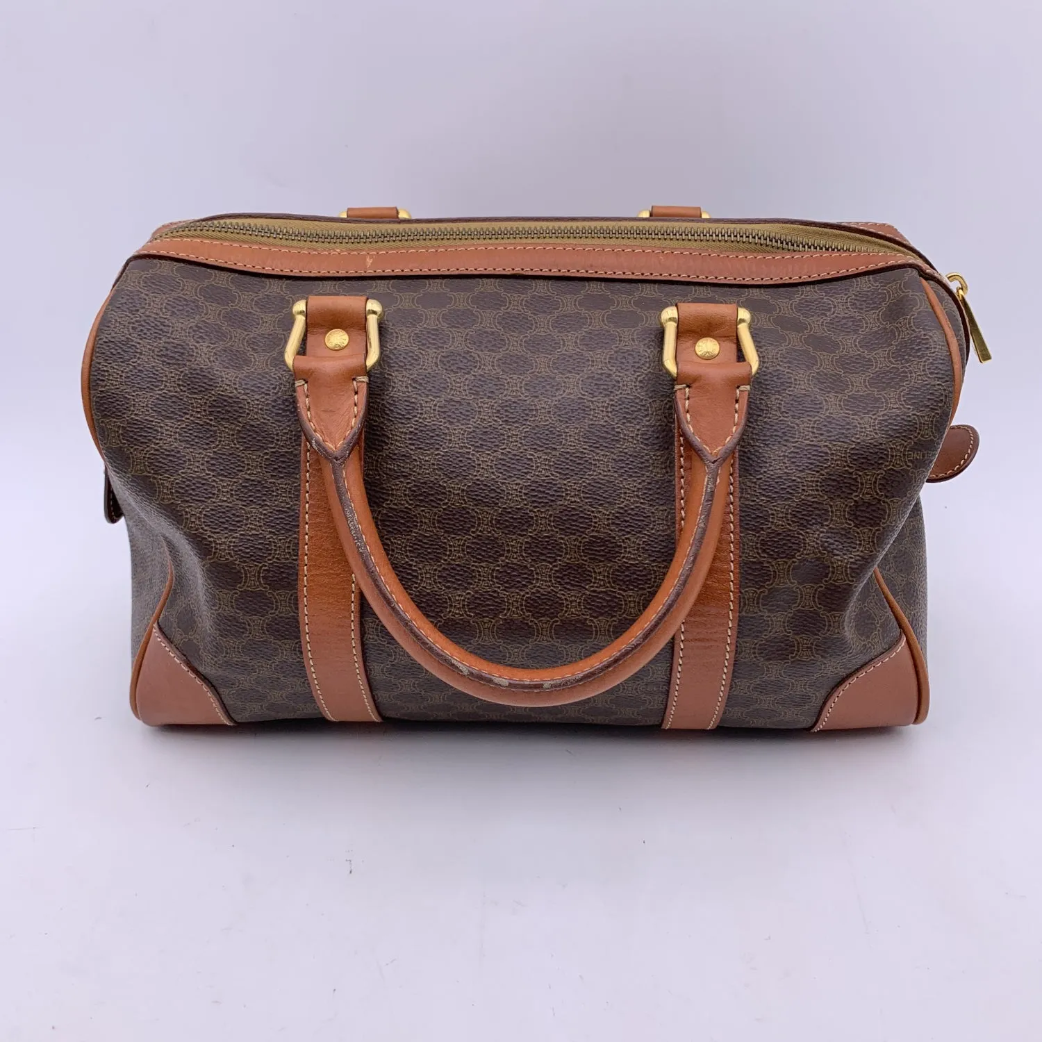 CELINE Vintage Brown Macadam Canvas Boston Bag Duffel Duffle