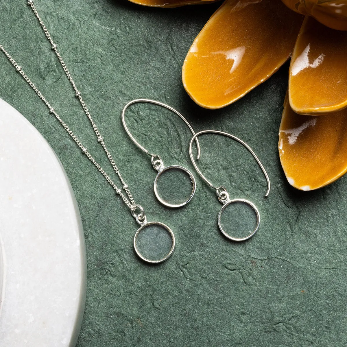 Clear Quartz Silver Jewelry Set - Circle Pendant Necklace AND matching dangle earrings
