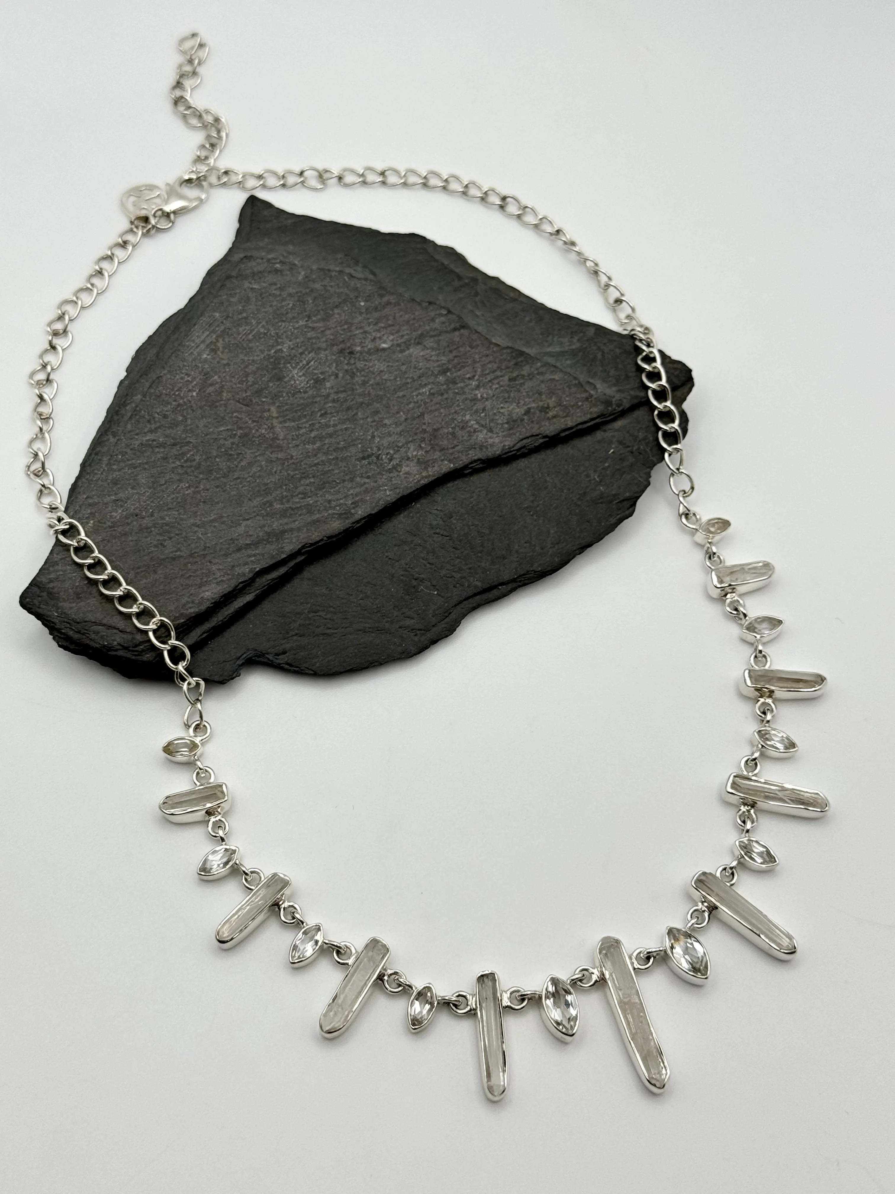 •CLEAR QUARTZ   WHITE TOPAZ• multi-stone   silver necklace (ADJ to 18.5")