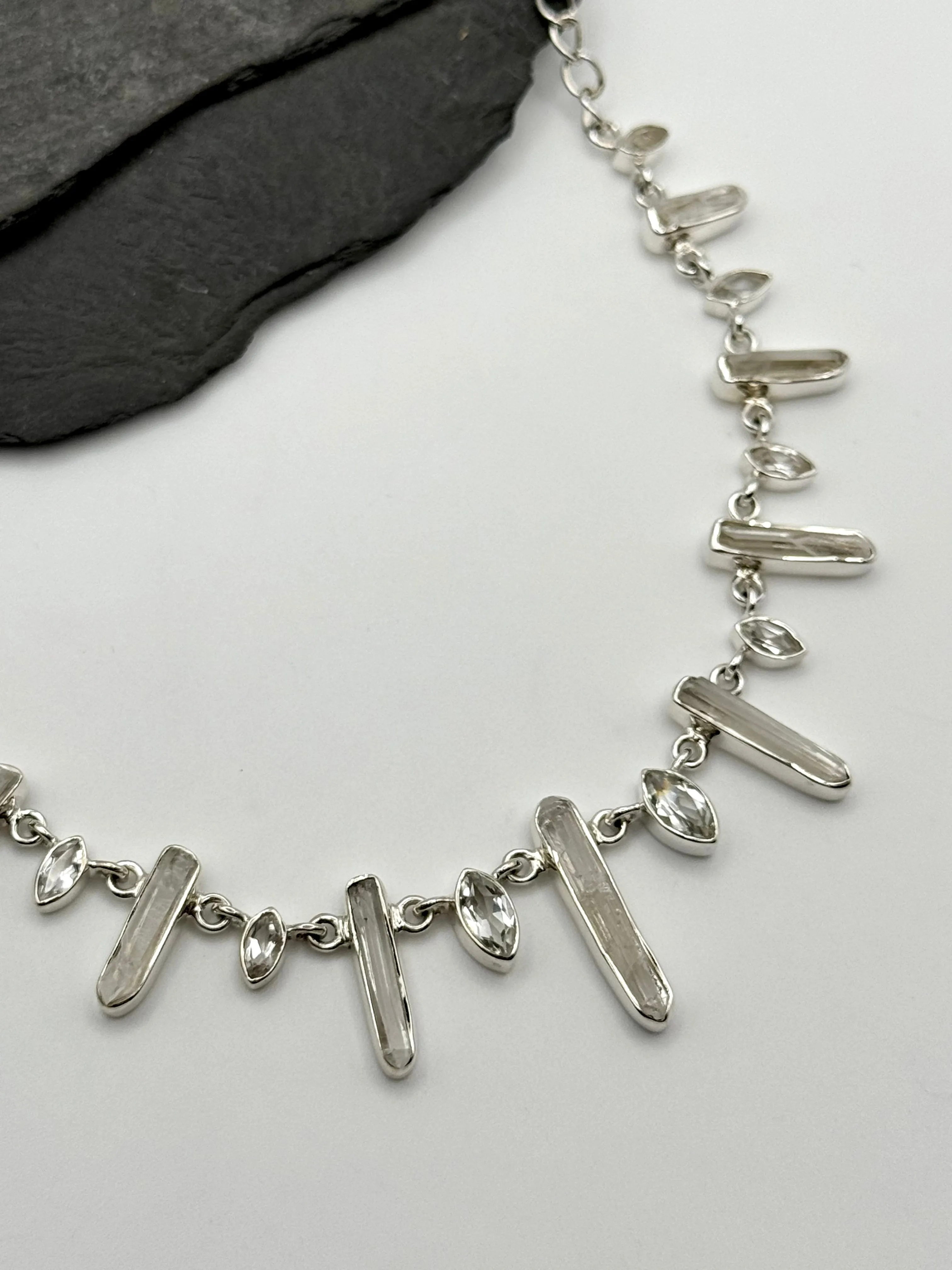 •CLEAR QUARTZ   WHITE TOPAZ• multi-stone   silver necklace (ADJ to 18.5")