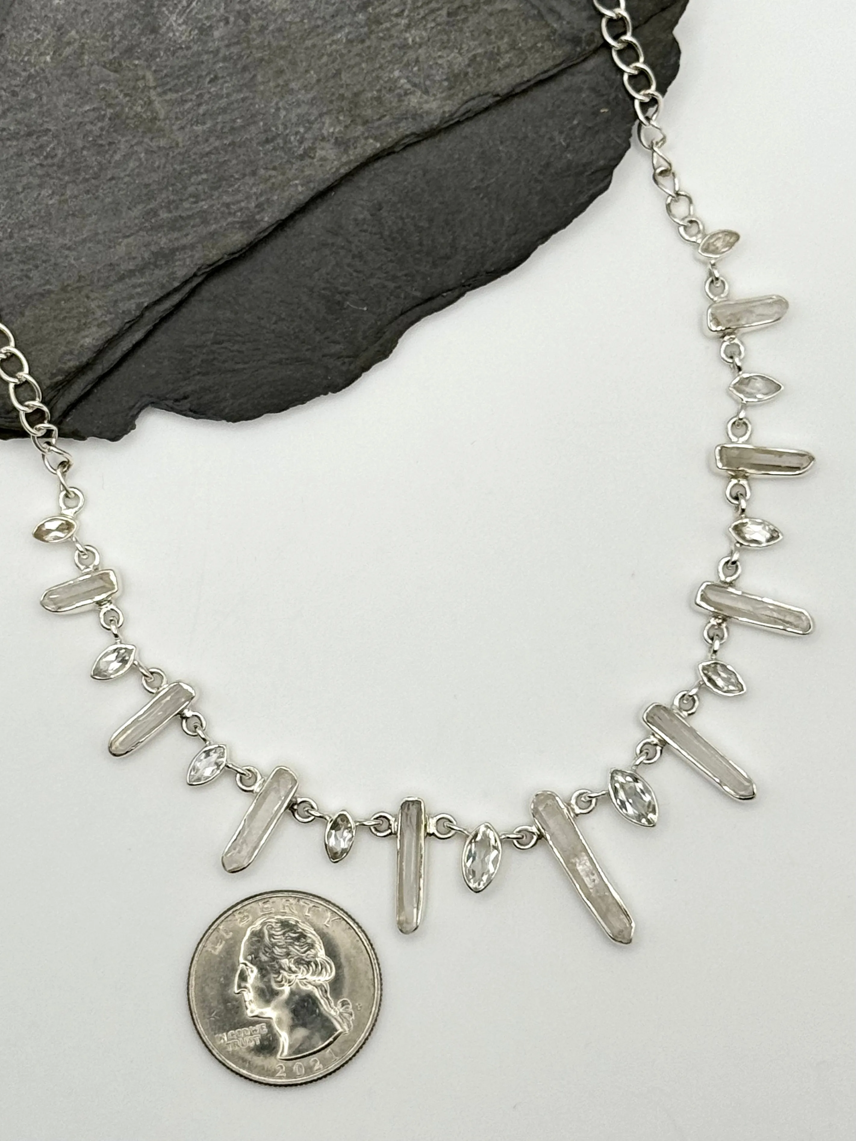 •CLEAR QUARTZ   WHITE TOPAZ• multi-stone   silver necklace (ADJ to 18.5")