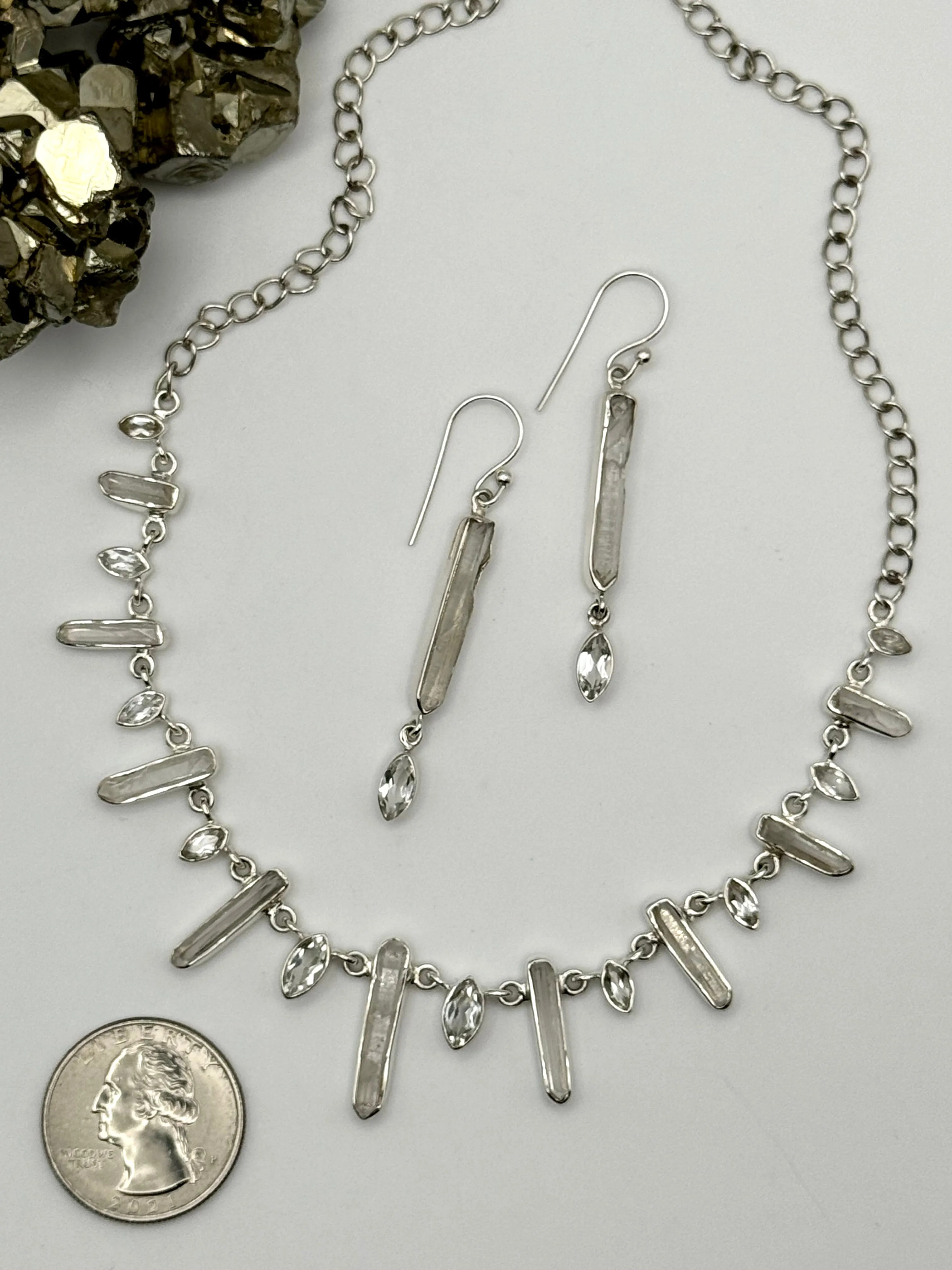 •CLEAR QUARTZ   WHITE TOPAZ• multi-stone   silver necklace (ADJ to 18.5")