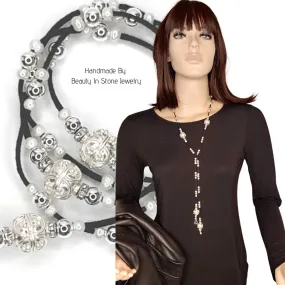 Dimensional Silver Beaded Lariat