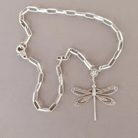 Dragonfly Chain Necklace Oxidized Silver