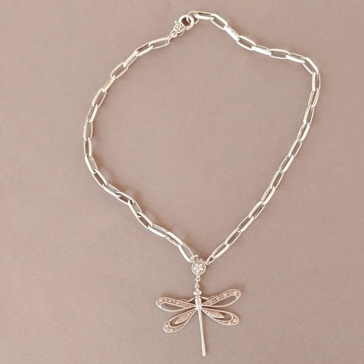 Dragonfly Chain Necklace Oxidized Silver