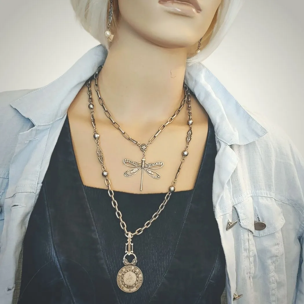 Dragonfly Chain Necklace Oxidized Silver