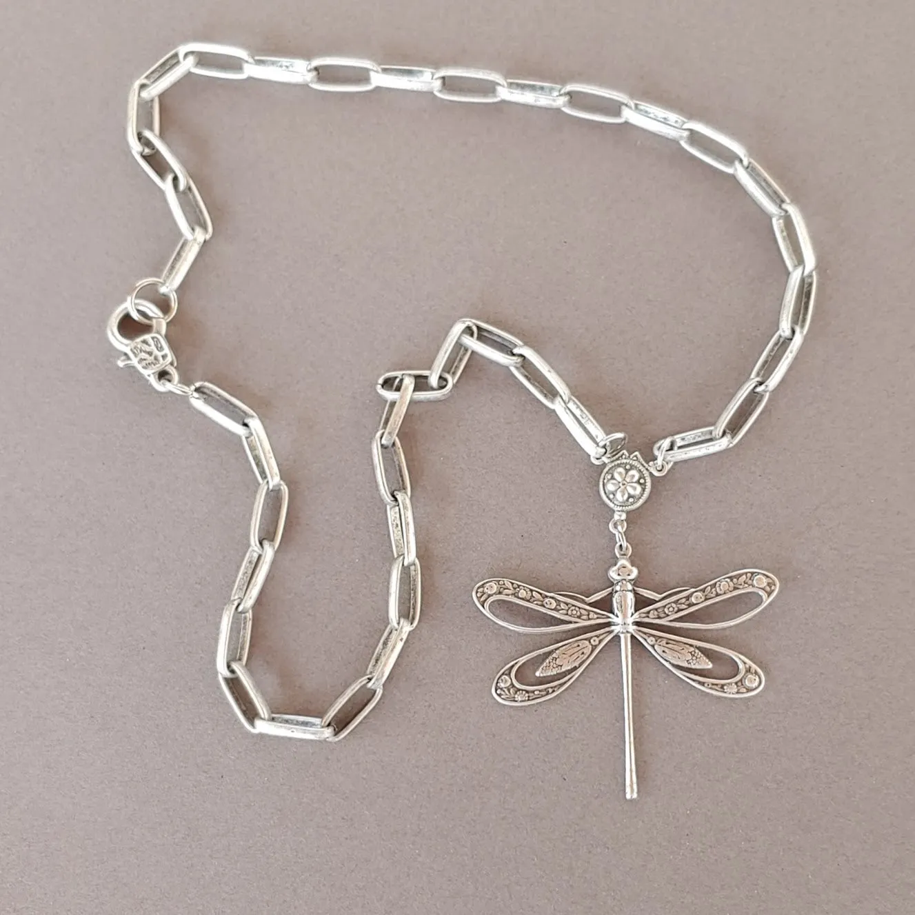 Dragonfly Chain Necklace Oxidized Silver