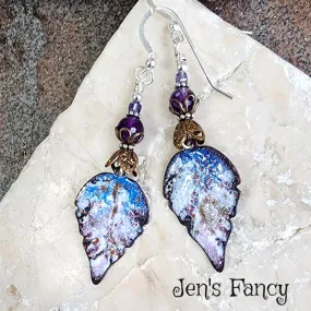 Enameled Leaf Earrings Sterling Silver with Amethyst & Iolite Gemstones