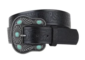 Floral Tooled Belt with Turquoise Studded Buckle