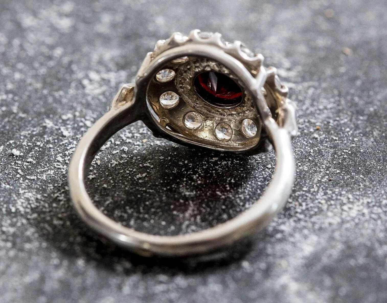 Garnet Flower Ring - Silver Victorian Ring - Garnet Vintage Ring