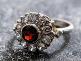 Garnet Flower Ring - Silver Victorian Ring - Garnet Vintage Ring