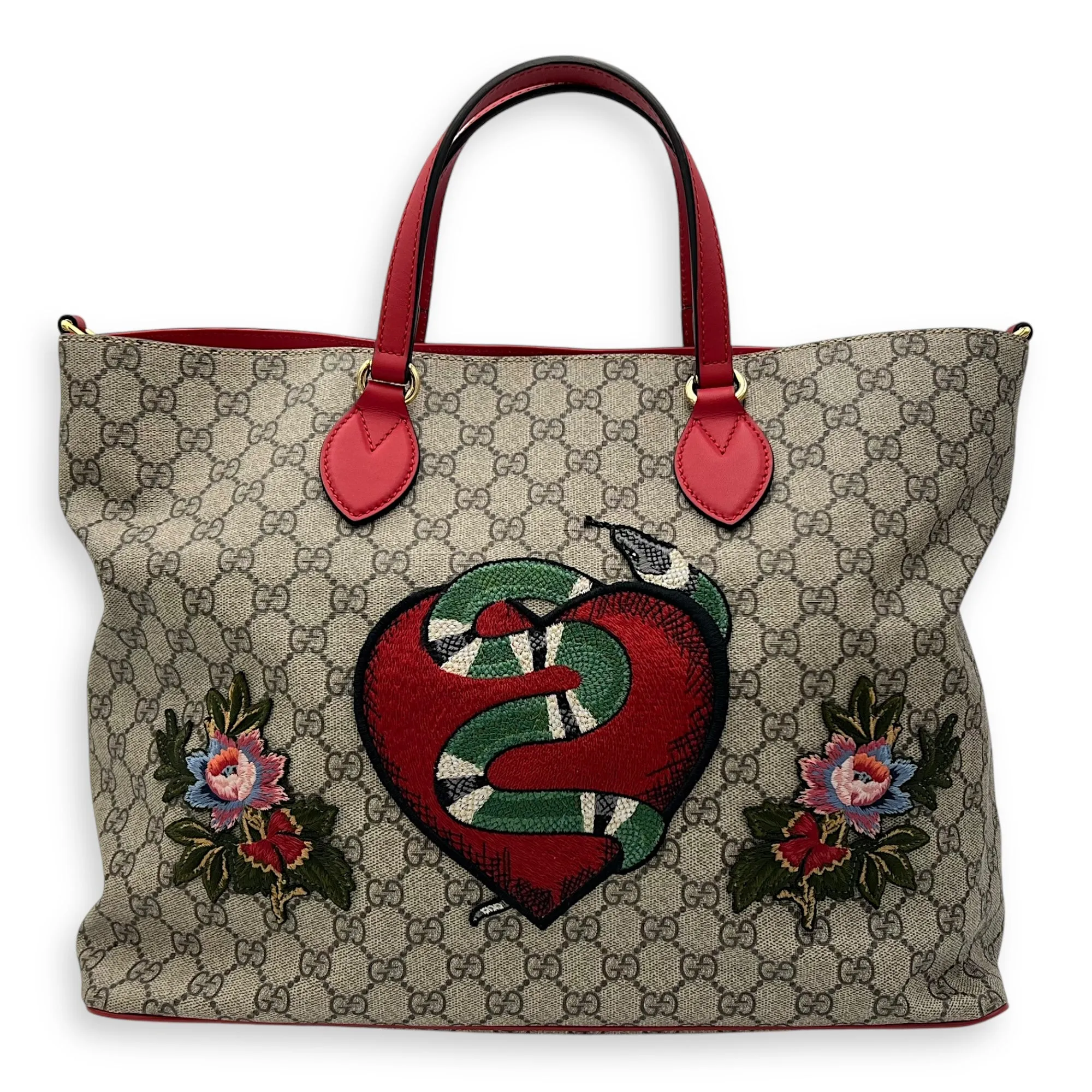 GG Supreme Snake Heart Grey Tote Bag in Coated Canvas, Silver hardware