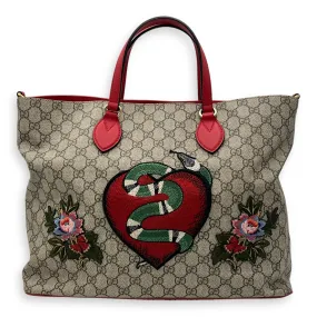 GG Supreme Snake Heart Grey Tote Bag in Coated Canvas, Silver hardware