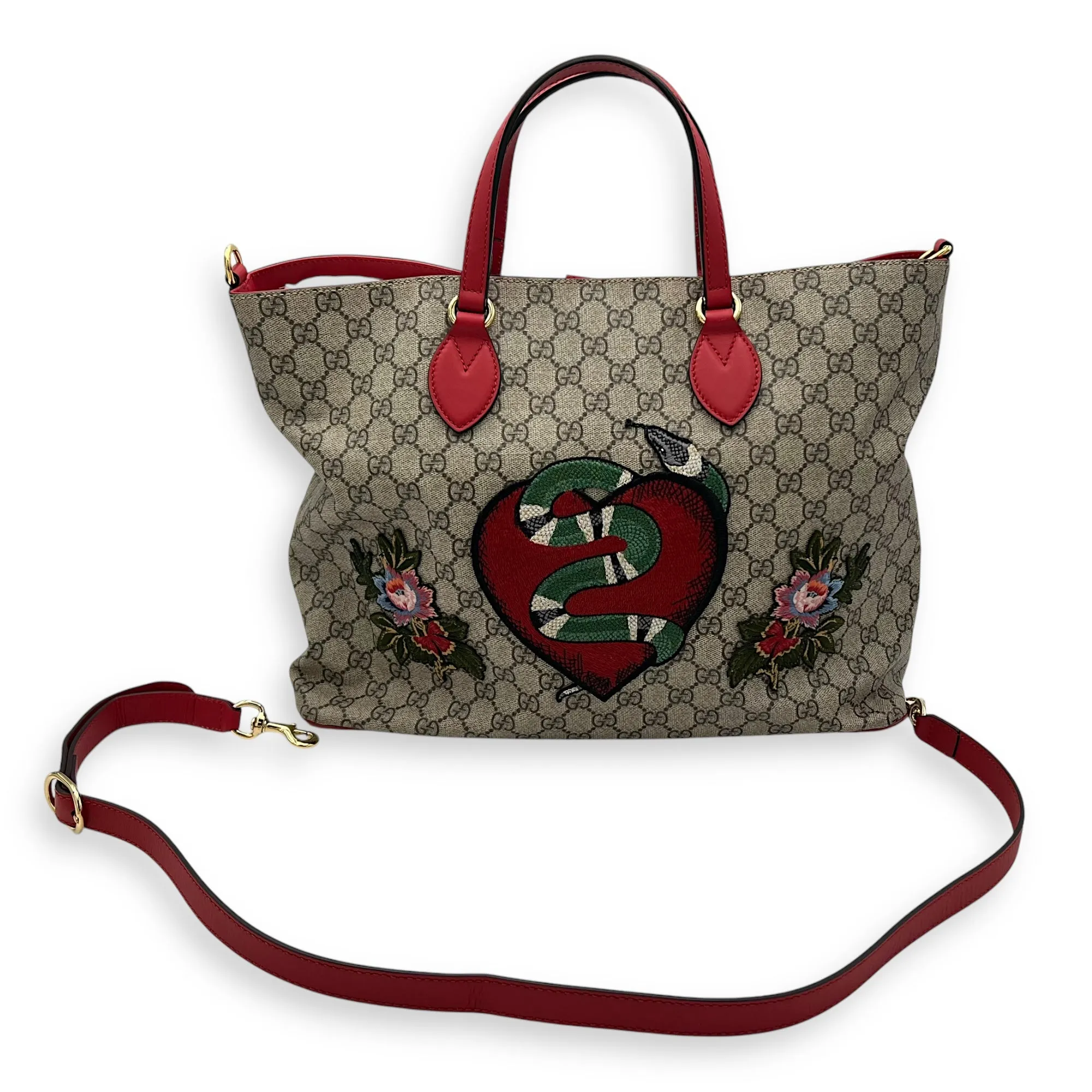GG Supreme Snake Heart Grey Tote Bag in Coated Canvas, Silver hardware