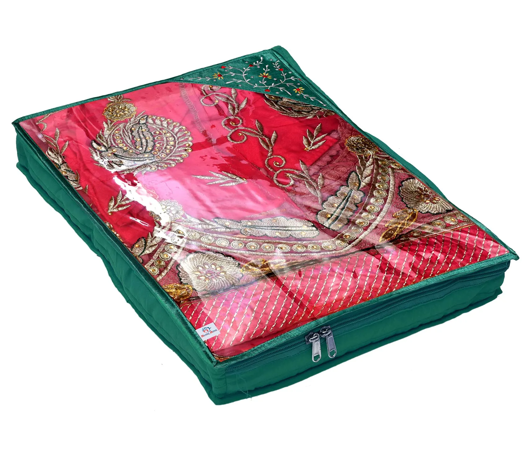 Heart Home Embroidery Design Non Woven 3" inch Saree Cover With Transparent Top- Pack of 2 (Green)