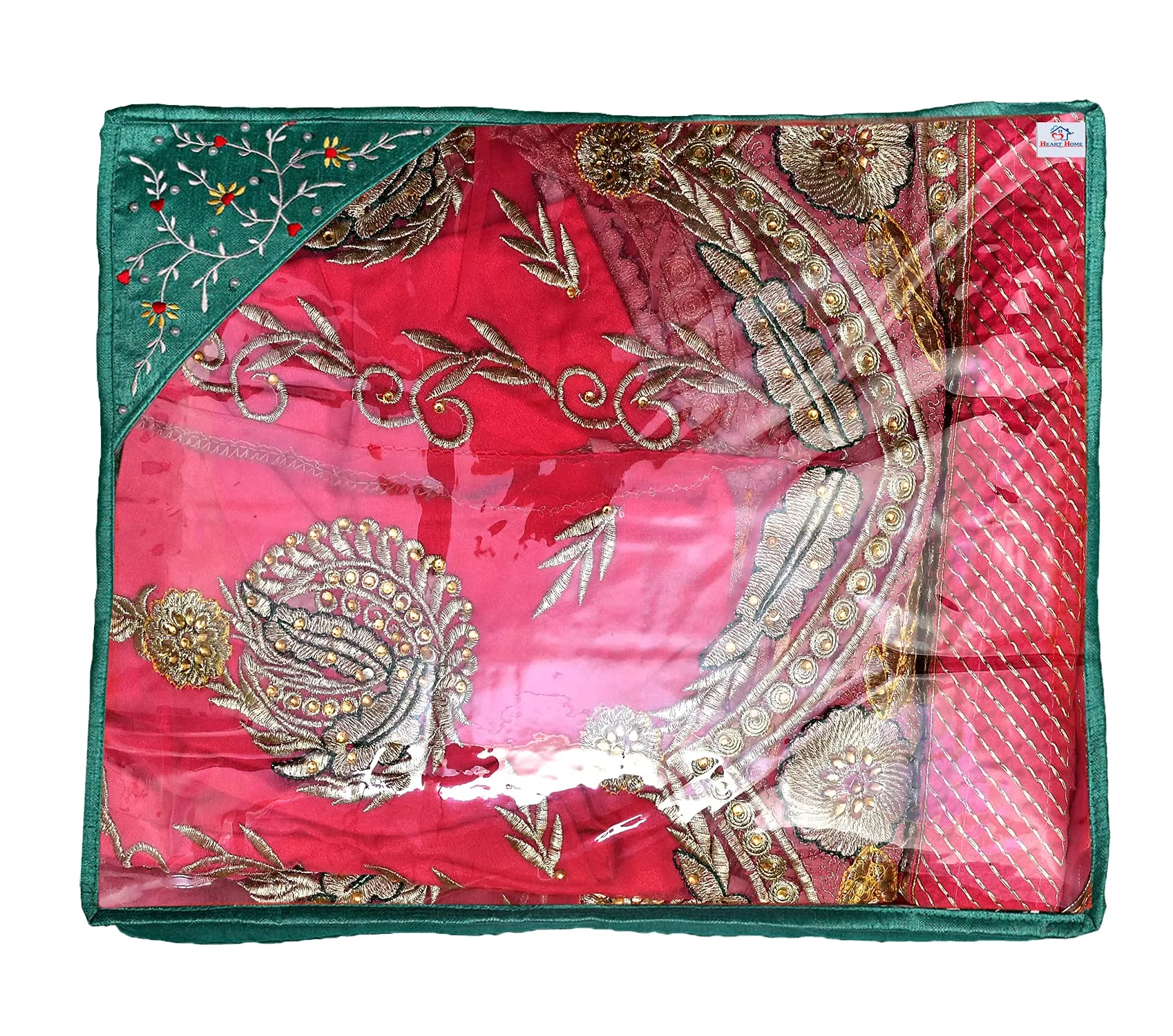 Heart Home Embroidery Design Non Woven 3" inch Saree Cover With Transparent Top- Pack of 2 (Green)
