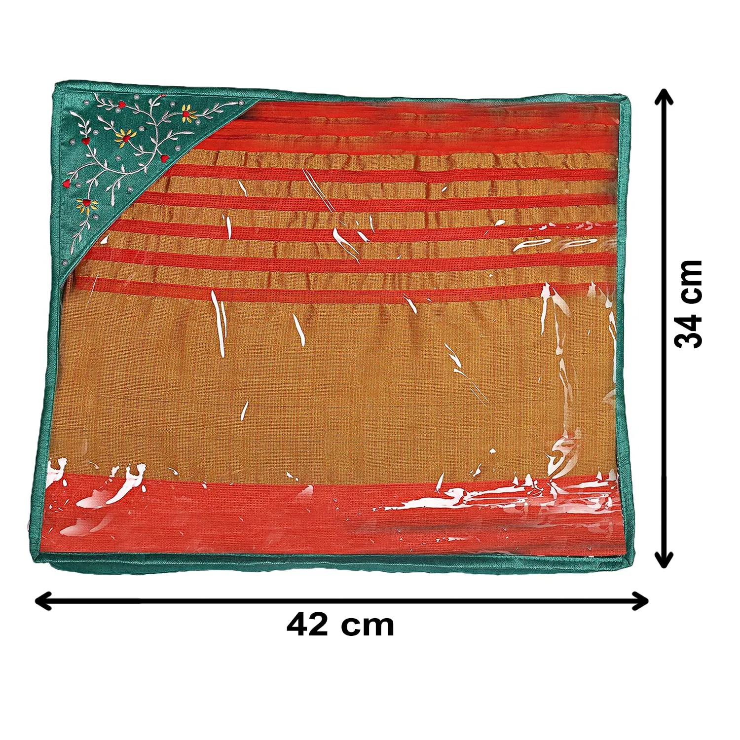 Heart Home Embroidery Design Non Woven 3" inch Saree Cover With Transparent Top- Pack of 2 (Green)